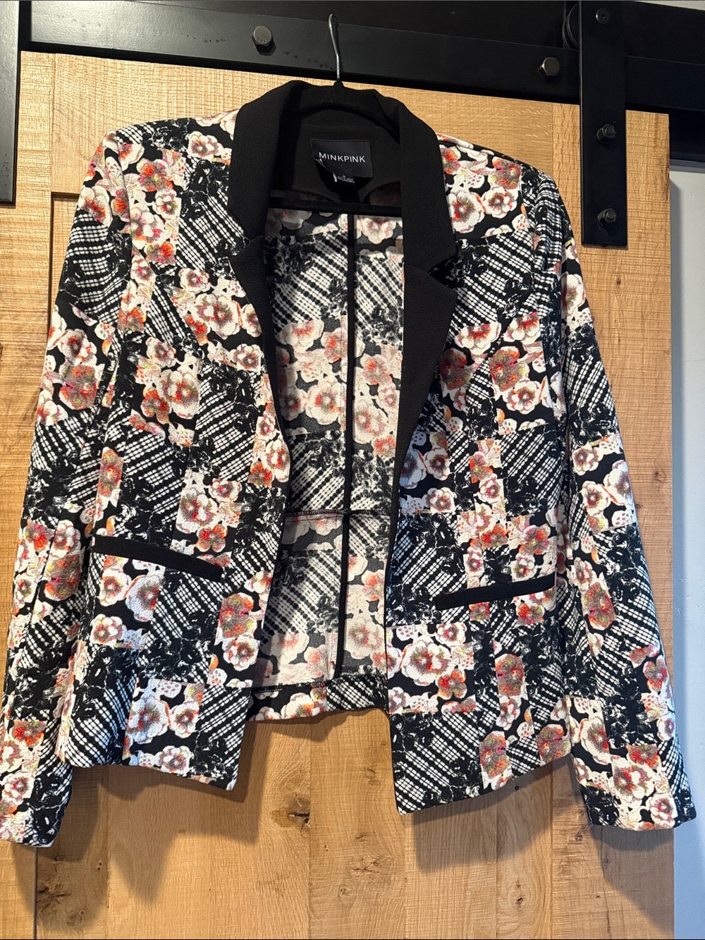 MINKPINK Black Floral Plaid Open-Front Blazer